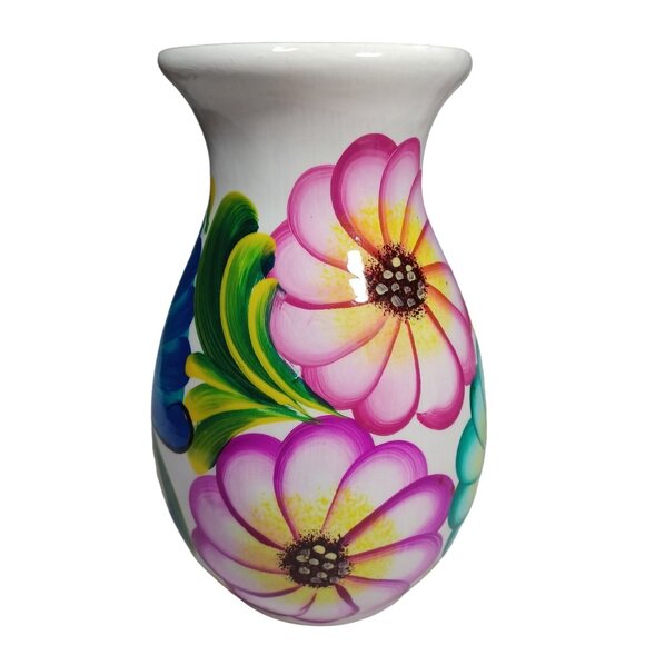 Mexican Folk Art Pottery Talavera Peacock Daisy Flowers Floral Hand Painted Vase - Picture 5 of 8